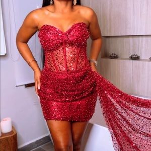 Wine short prom embellished dress sewed